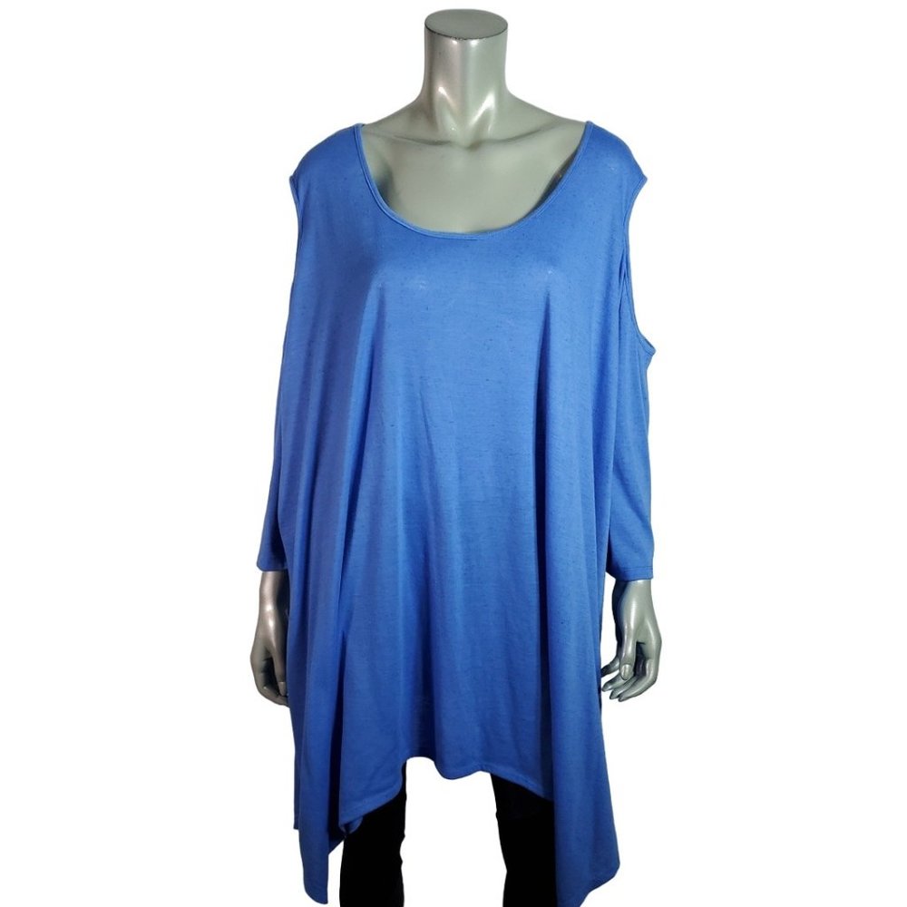 Denim 24/7 Top 4X 34/36 Linen Blend Cold Shoulder Asymmetric Hem Stretch Blue